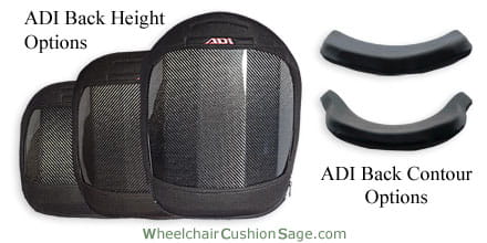 Picture of ADI carbon fiber wheelchair backs shown in three different heights and two different contours.